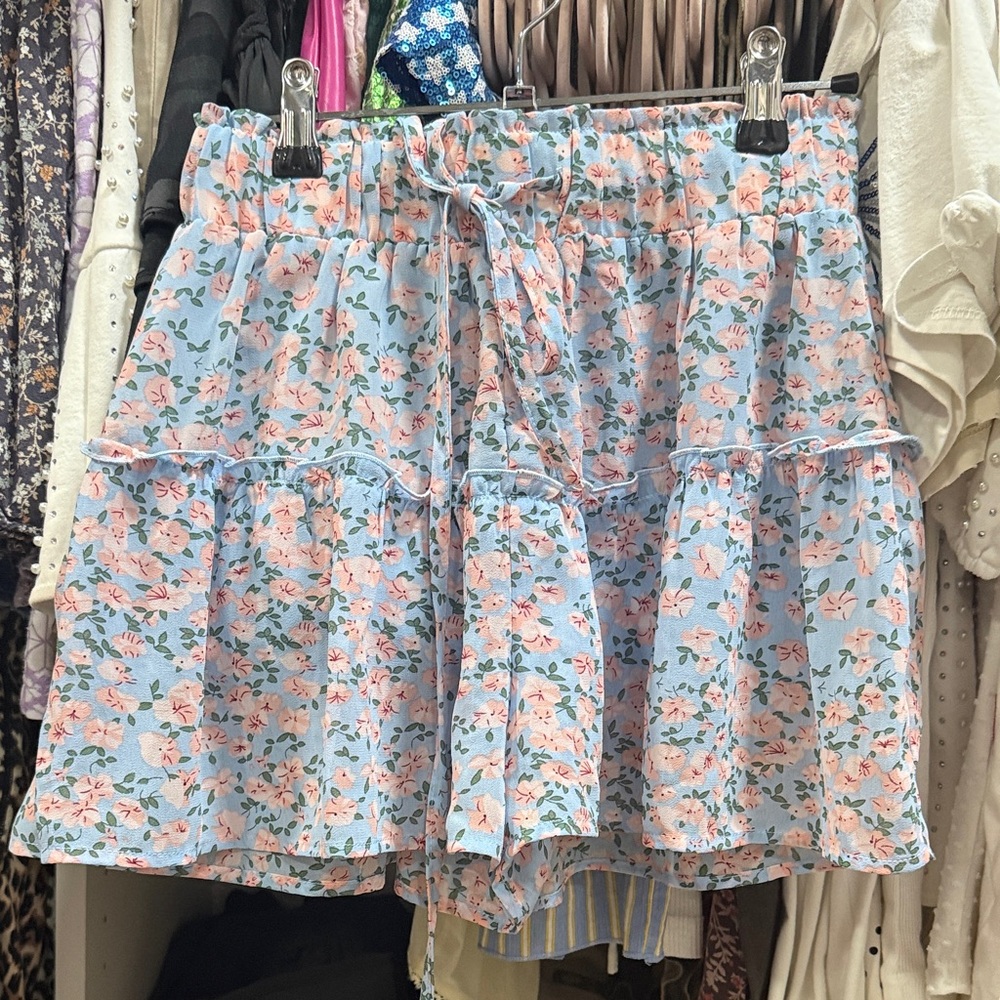 Altar'd State Light Blue Floral Tiered Mini Skirt